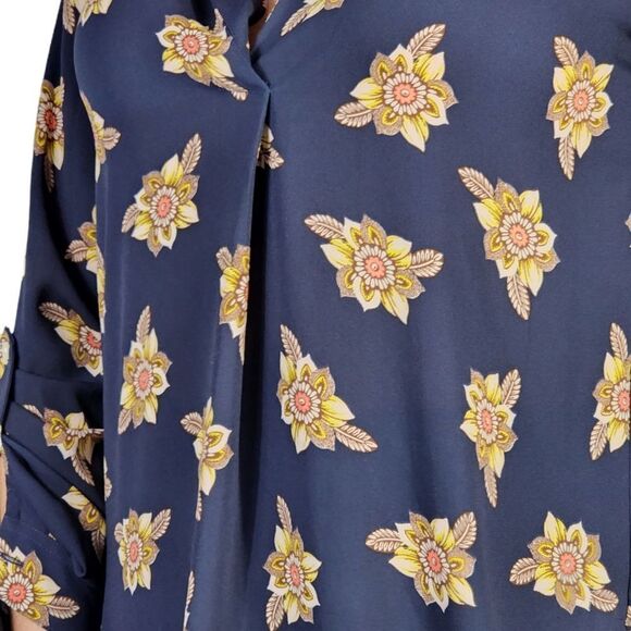 Women's Loft blouse navy floral long sleeve roll tab hi low hem tunic - Picture 6 of 7
